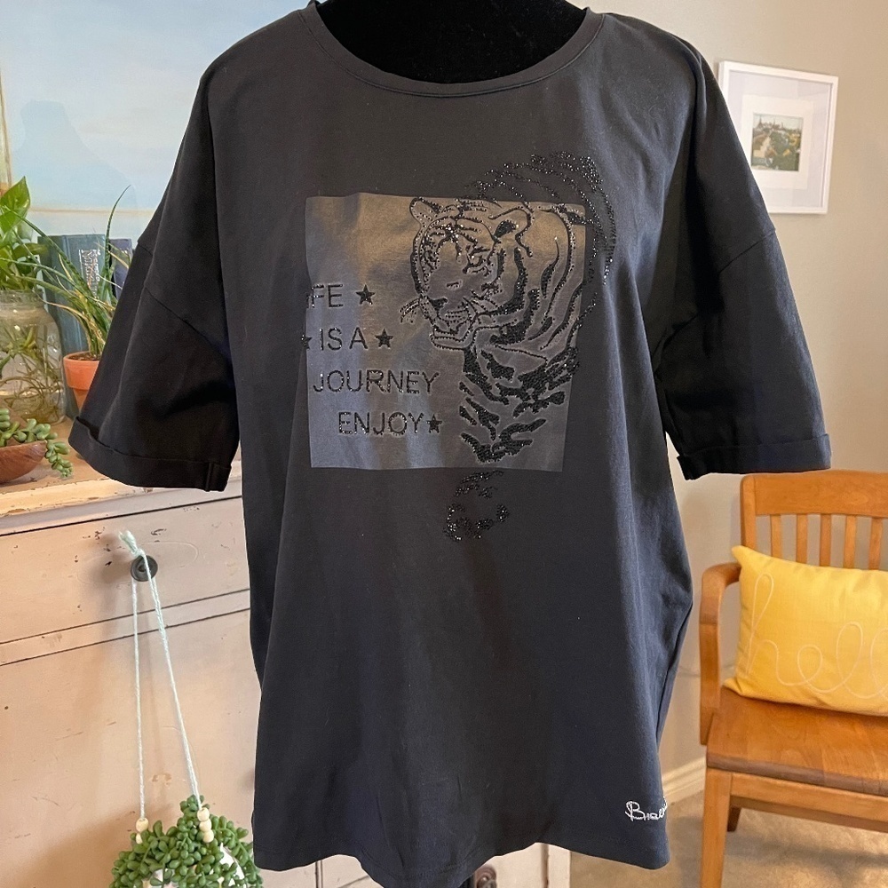 Braccialini Black XXL Tiger Top Women’s Embellished Tone On Tone Mob Wife